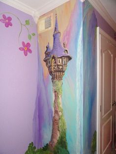 a painting on the wall of a child's room with a tree house and flowers