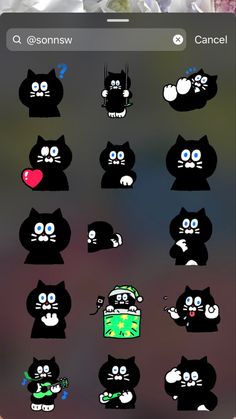 the cat stickers are all different colors and sizes, but one is black with blue eyes