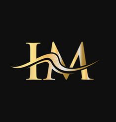 the letter m is made up of gold and silver lines on a black background with an elegant