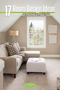 a living room filled with furniture and a window above the couch is a white ottoman