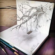 a pencil drawing of a tree on top of a book with a swing in the middle