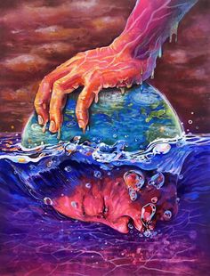 a painting of a hand reaching for a ball in the water with another hand on top of it