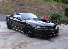 a black mustang is parked in a driveway