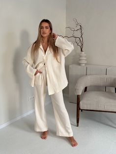 Muslin Loungewear, Comfy Oversized Outfits, Oversized Shirt And Pants, Loungewear Set Outfit, Honeymoon Sleepwear, Pjs Aesthetic, Elegant Pajamas, Elegant Sleepwear, Cute Nightwear