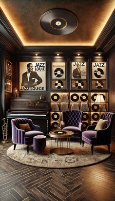 a living room filled with purple furniture and pictures on the wall above it's piano