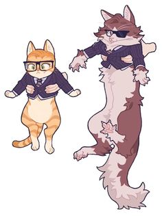 an image of two cats dressed up in clothes and glasses with one cat standing on its hind legs