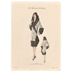 This is a fabulous Art Deco fashion plate from a collection called “La Grande Couture” published in France in the late 1920’s. It showcases the latest of chic modernist fashion of the Art Deco period designed for the sophisticated modern woman. It features a luxurious and plush sable fur coat. Note the long shawl collar with lined fur trim that extends the length of the coat.  The thick fur lined cuffs and hemline further add to the sumptuous feeling of the coat.  Note too the fabulous cloche ha 1920s German Expressionism, 1917 Womens Fashion, 1920s Fashion Patterns, French Fashion History, 19th Century Mexican Fashion, 1929 Womens Fashion, 1920s Art Deco Fashion, Burlesque Fashion Vintage, Authentic 1920s Fashion