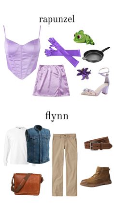 clothes and accessories are arranged in the shape of an airplane with words above them that read rapunzel, fynn