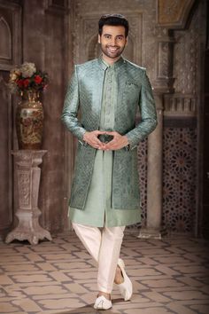 Art Silk Olive Color Readymade Designer Men Indo Western Wedding Ceremony Outfit, Indowestern Outfits For Men, Western Outfits For Men, Indo Western Outfits For Men, Indo Western Dress For Men, Indowestern Outfits, Indo Western For Men, Jodhpuri Suits