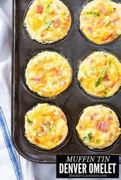 six muffin tins filled with breakfast foods