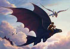 two people riding on the back of a dragon flying through the air with clouds in the background