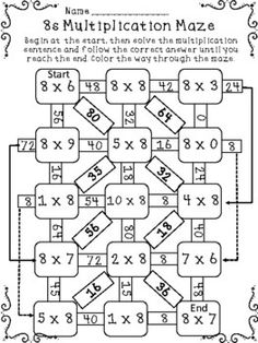 the worksheet for multiplication maze is shown in black and white