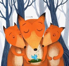 an illustration of three foxes hugging each other in the woods with trees and branches behind them