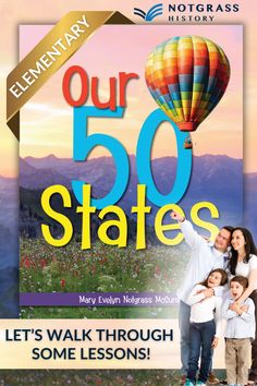 the cover of our 50 states book, with an image of a family and hot air balloon