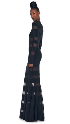 SPLICED DRESS FISHTAIL GOWN – Black/Black Mesh – Norma Kamali Lamé Fabric, Dress Fishtail, Fishtail Gown, Sweetheart Neck Dresses, Lame Fabric, Elephant Pants, Gown Black, Printed Silk Shirt, Fishtail Dress