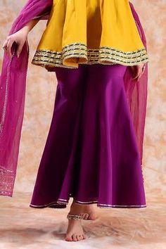 Yellow anarkali with gota lace embellished border. Paired with purple sharara and dupatta. - Aza Fashions Yellow Anarkali, Shraddha Kapoor, Yellow Blouse, Lace Neckline, Luxury Sale, Sharara Set, Cut Work, Anarkali, Modern Bride