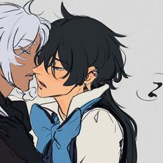 two anime characters are hugging each other and one is wearing a blue bow tie while the other has white hair