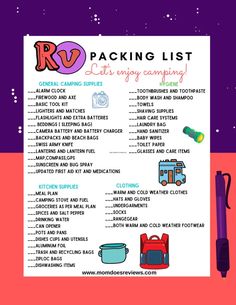 the packing list is shown in purple and pink with various items on it, including an umbrella