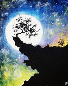 a painting of a tree on top of a cliff with the moon in the background