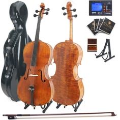 two cellos are sitting next to each other with musical equipment around the neck and back