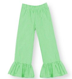 Our girl's gingham ruffle pants pair perfectly with our embroidery blanks to make a full, ready made outfit! 100% Cotton Includes fabric swatch for appliqué Fully Lined Cute Ruffled Cotton Bottoms, Cute Cotton Bottoms With Ruffles, Green Cotton Ruffled Bottoms, Playful Ruffled Bottoms For Spring, Spring Playful Ruffled Bottoms, Cotton Ruffle Long Pants, Cotton Gingham Bottoms With Ruffles, Gingham Cotton Bottoms With Ruffles, Playful Green Pants With Elastic Waistband