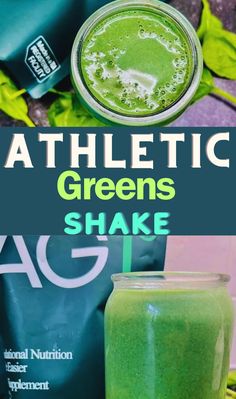 a green shake in a mason jar next to a bag of yogurt and some leaves