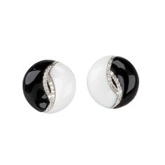 14K White Gold Black and White Onyx Earrings with Diamond R3216 Aurora Designer Black Earrings With Diamond Accents, Black Diamond Accent Earrings For Anniversary, Formal Round Black Diamond Earrings, Formal Black Diamond Round Earrings, Black Diamond Earrings With Accents For Formal Events, Black Diamond Earrings With Accents For Formal Occasions, Black Polished Finish Fine Jewelry Earrings, Luxury Black Round Clip-on Earrings, Modern Black Earrings For Anniversary