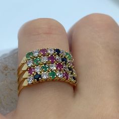 Multicolor Ring - Ring Gemstone - Emeald - Ruby - Sapphire -Zircon-Multicolor Gemstone - Vintage Ring - 14k Solid Gold - Vintage Gift *100% naturel gemstone *14k-18k solid gold *solid gold (NOT plated) *gemstone: 2.25 mm. *stone shape: round *stones emerald: 5 pcs. *stones ruby: 6 pcs. *stones sapphire : 5 pcs. *stone zircon : 16 pcs. *total gemstones : 32 pcs. Elegant Multicolor Round Cut Rings, Elegant Multicolor Birthstone Ring With Center Stone, Multicolor Vvs Clarity Rings As Gift, Formal Multicolor Rings With Prong Setting, Formal Multicolor Round Cut Rings, Multicolor Cubic Zirconia Rings For Formal Occasions, Diamond Multi-stone Emerald Ring For Promise, Multicolor Vvs Clarity Wedding Jewelry, Multicolor Vvs Clarity Jewelry For Wedding