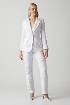 Premium Embellished Jacquard Blazer Jacquard Blazer, Bridal Separates, Oasis Fashion, Tapered Trousers, Floral Outfit, White Pants, Denim Outfit, Fashion Face, Quick Delivery