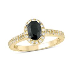 She'll admire the timeless sophistication and modern color of this oval black sapphire and diamond frame double-row shank engagement ring. Crafted in warm 10K gold A sparkling diamond-lined frame surrounds the 7.0 x 5.0mm oval-shaped rich black sapphire. The shank shimmers with double rows of diamonds. This engagement ring shines with 1/5 ct. t.w. of diamonds. Shank Engagement Ring, Diamond Frame, Black Sapphire, Sparkling Diamond, Sparkle Diamonds, Modern Colors, 10k Gold, Engagement Ring, Sapphire