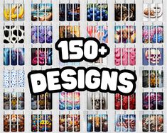 the words 150 + designs are displayed in front of a white background with colorful images