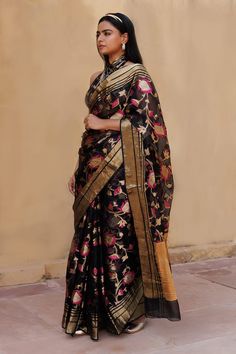 Black hand woven pure kota silk saree with zari and resham jaal pattern all over. Comes with black unstitched blouse piece with embellished zari border. - Aza Fashions Sarees Black, Kota Silk Saree, Black Hand, Blouse Piece, Aza Fashion, Silk Saree, Jaipur, Silk Sarees, Hand Woven