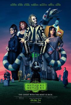 the beetle movie poster for beetlejuice, starring actors from left to right jack skelling