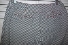 "Vintage Harve Benard striped cotton pants with red stitching, two back pockets. Waist measures 29\", hip 40\". overall length 40 1/2\". Perfect. No flaws of any kind. Stored with TLC Comes from a smoke-free home." Cotton Bottoms With Contrast Stripes For Work, Striped Cotton Pants With Welt Pockets, Striped Cotton Bottoms With Welt Pockets, Pinstripe Cotton Pants With Welt Pockets, Cotton Pinstripe Pants With Welt Pockets, Cotton Pinstripe Bottoms With Pockets, Pinstripe Cotton Bottoms With Pockets, Fitted Cotton Bottoms With Contrast Stripes, Fitted Pinstripe Cotton Pants