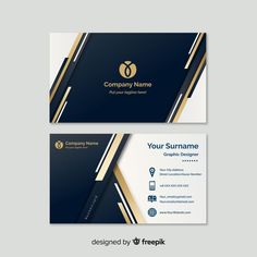 two business cards with blue and gold accents