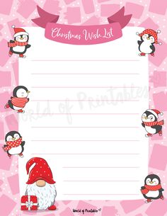 a pink christmas wish list with penguins and santa clause on the front, surrounded by snowflakes