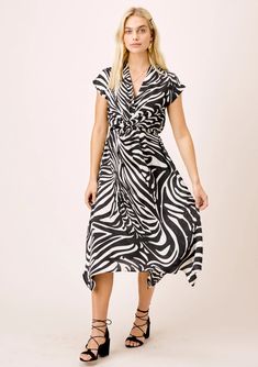 Zebra Stripe Twist Front Dress | LOVESTITCH V-neck Zebra Print Party Dress, Black Zebra Print V-neck Dress, Summer Black Zebra Print Maxi Dress, Spring Black Tiger Print Dress, Summer Black Maxi Dress With Zebra Print, Black Tiger Print Dress For Spring, Elegant Summer Dresses With Tiger Print, Zebra Print Beach Dress For Spring, Spring Zebra Print Midi Dress