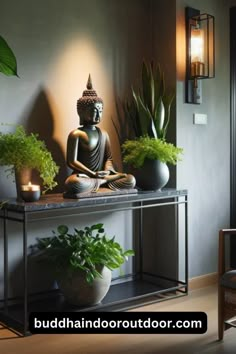 a buddha statue sitting on top of a metal shelf next to plants and potted plants