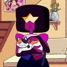 a cartoon character holding a cat in her arms