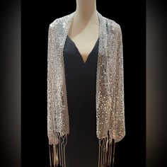 New ! Silver Sequins Shawl W/ Fringe Perfect For Special Occasion Louis Vuitton Scarf, Pastel Plaid, Cashmere Pashmina, Kimono Wrap, Chic Scarves, Floral Silk Scarf, Tube Scarf, Brown Silk, Pashmina Scarf