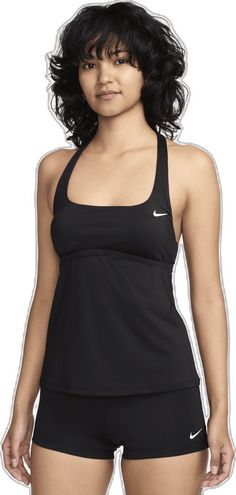 Scoop Neck Tops With Medium Bust Support For Summer, Summer Tops With Medium Bust Support, Nike Sporty Swimwear For Summer, Sports Tops With Medium Bust Support For Summer, Athleisure Swimwear With Medium Bust Support, Summer Sports Tops With Medium Bust Support, Summer Gym Halter Top With Built-in Bra, Black Tops With Built-in Bra For Poolside, Sporty Halter Top For Sports