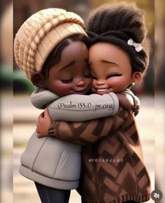 two dolls are hugging each other on the street