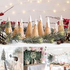 christmas decorations and pine cones are arranged on the mantle