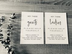 two business cards with the words hey there gents ladies and please help yourself on them