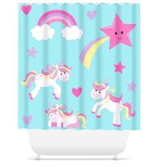 a shower curtain with unicorns and stars on the blue background, in front of a heart - shaped star