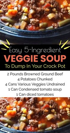 two bowls filled with vegetable soup and the words easy 5 ingredient veggie soup to dump in your crock pot