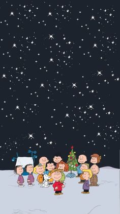 peanuts and charlie brown in the snow at night with stars above them, all dressed up for christmas