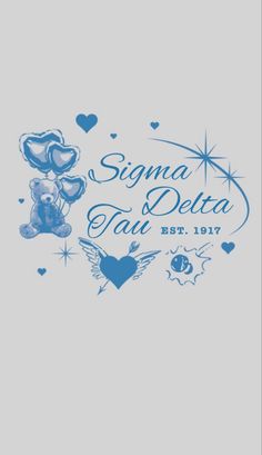 a blue teddy bear with hearts on it's chest and the words, sema delta teal est est 1917