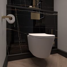 a white toilet sitting in a bathroom next to a roll of toilet paper on the wall