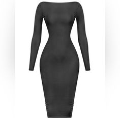 Black Butter Fabric Double Layered Great Stretch Sleek Black Midi Dress For Club, Sleek Black Midi Dress For Spring, Sleek Black Bodycon Dress With Long Sleeves, Sleek Black Bodycon Midi Dress, Sleek Long Sleeve Black Bodycon Dress, Sleek Black Long Sleeve Bodycon Dress, Black Stretch Knee-length Long Sleeve Dress, Black Long Sleeve Dress With Double-breasted Buttons, Black Long Dress